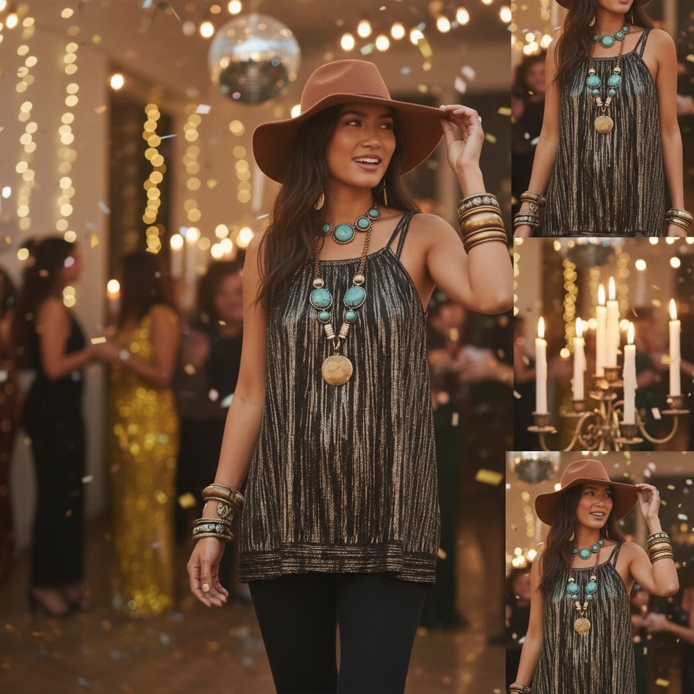 Shimmering Black Bronze Copper Adjustable Halter Y2K Pleated Drop Waist Tank Top